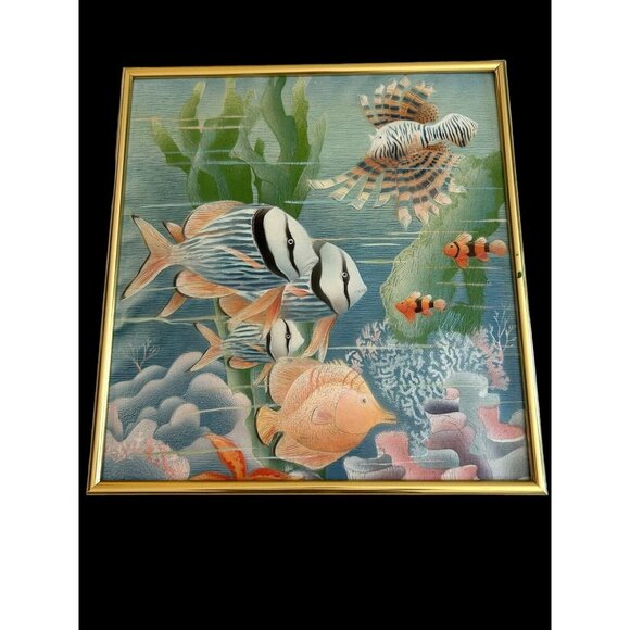 Vtg Original Thick Texture Oil Painting Tropical Fish Brass Frame 20" Registered - Picture 1 of 13